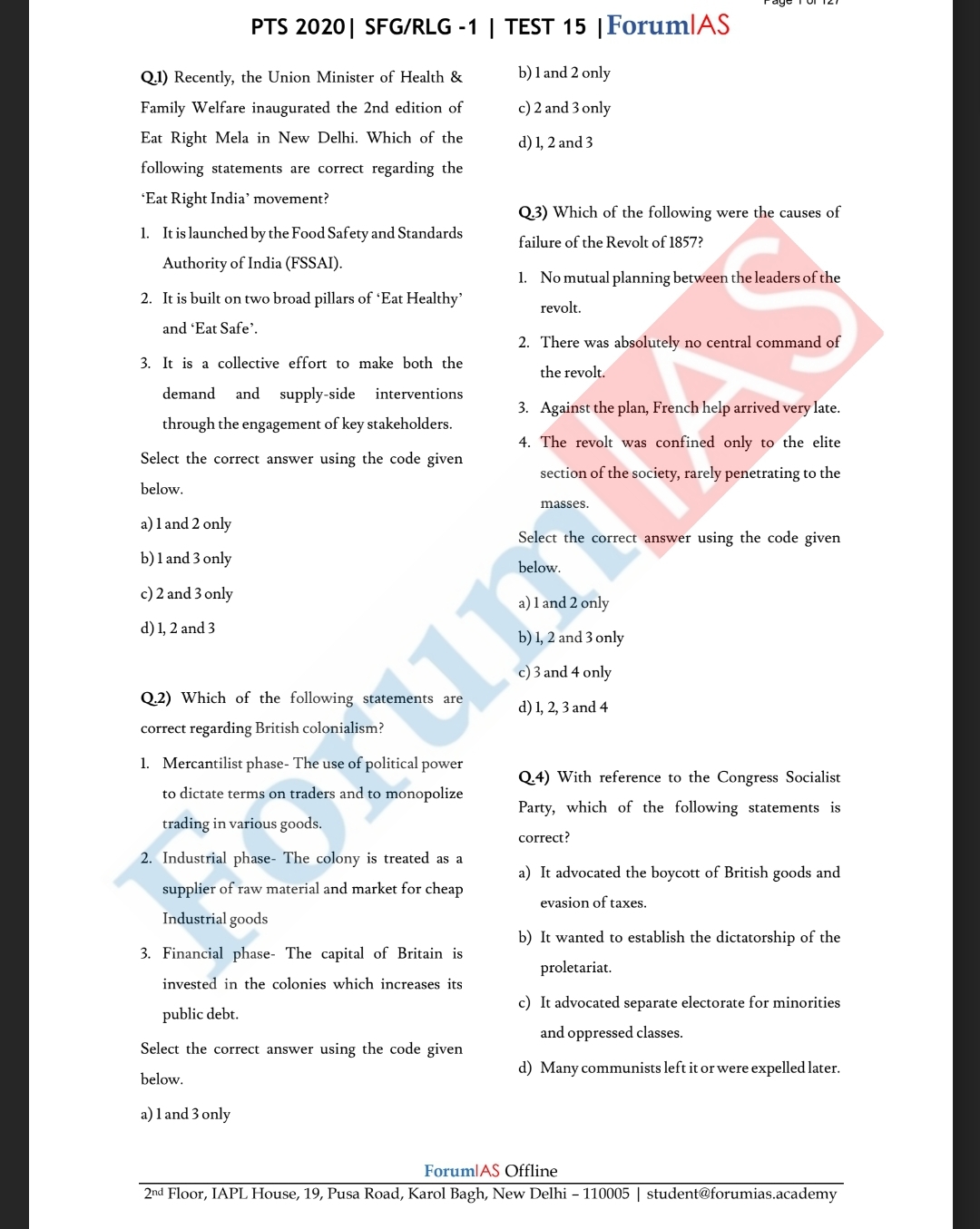 Forum IAS SFG 2020 Modern India History Question Bank With Answer Key