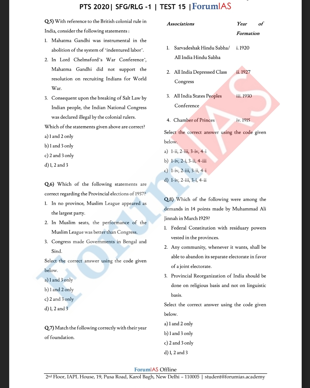Forum IAS SFG 2020 Modern India History Question Bank With Answer Key