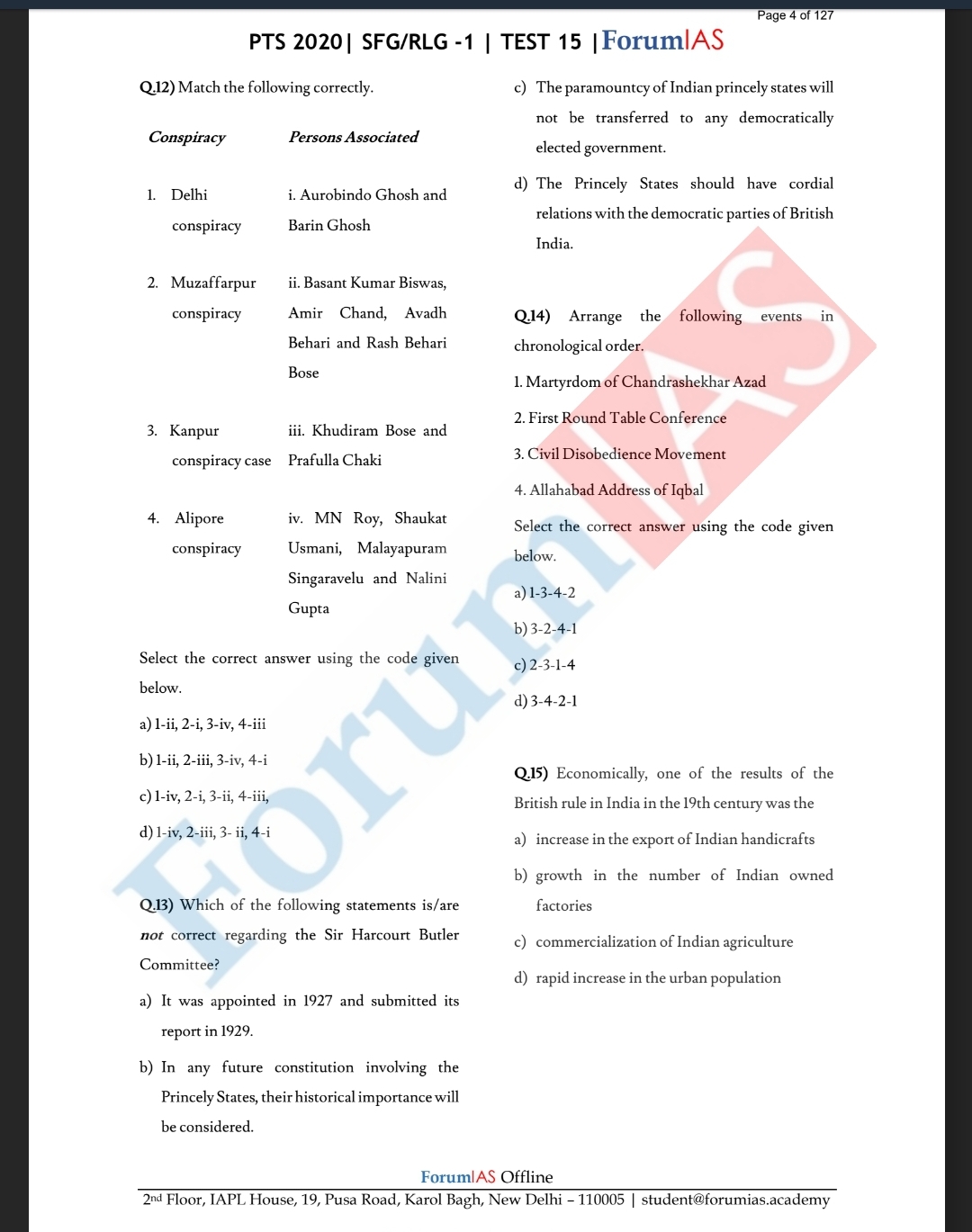 Forum IAS SFG 2020 Modern India History Question Bank With Answer Key